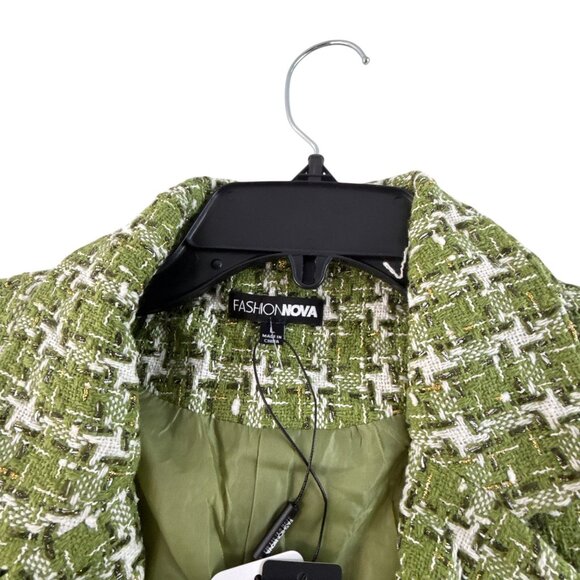 Fashion Nova Christine Tweed Cropped Blazer Jacket L Green White Dressy Preppy - Picture 4 of 10